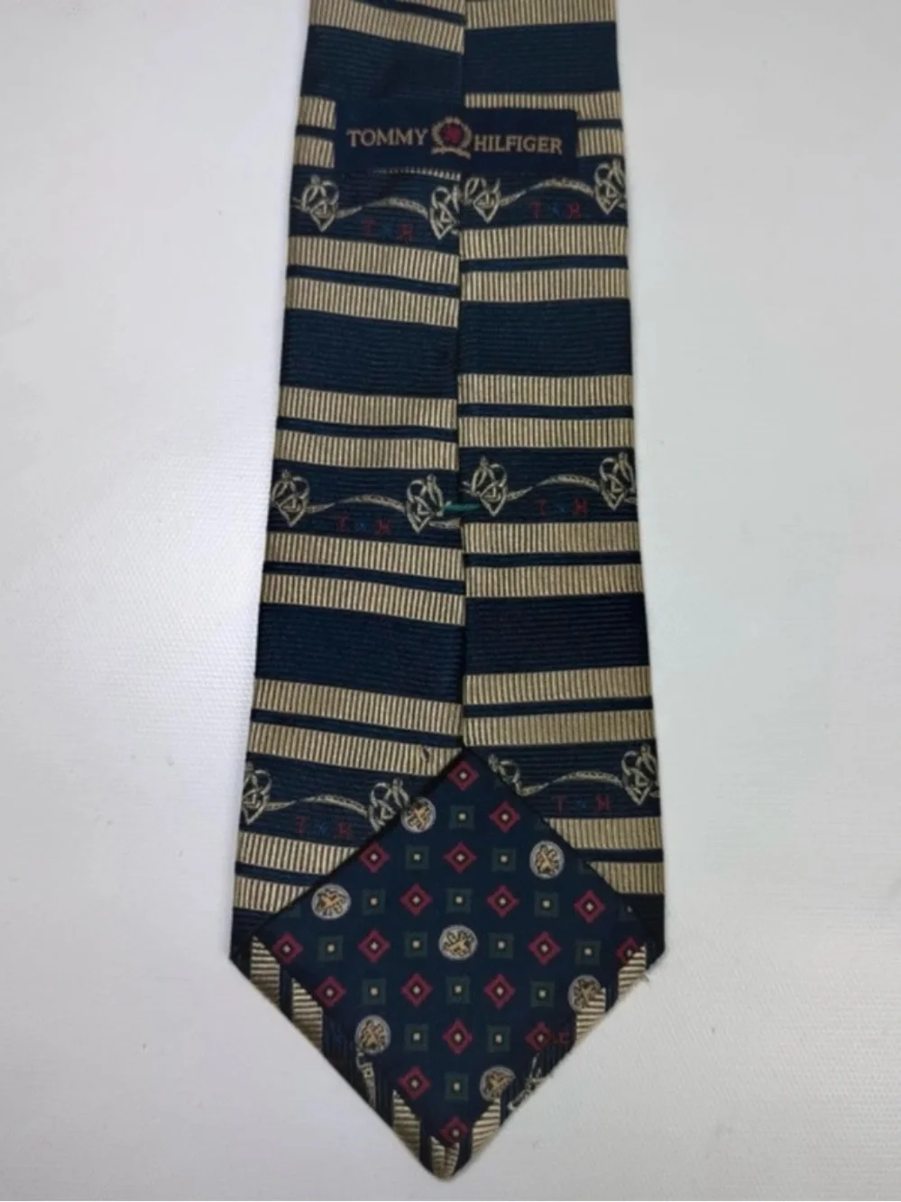 Vintage Tommy Hilfiger 100% Silk Necktie Navy Gold Stripe Crest Logo Classic Tie